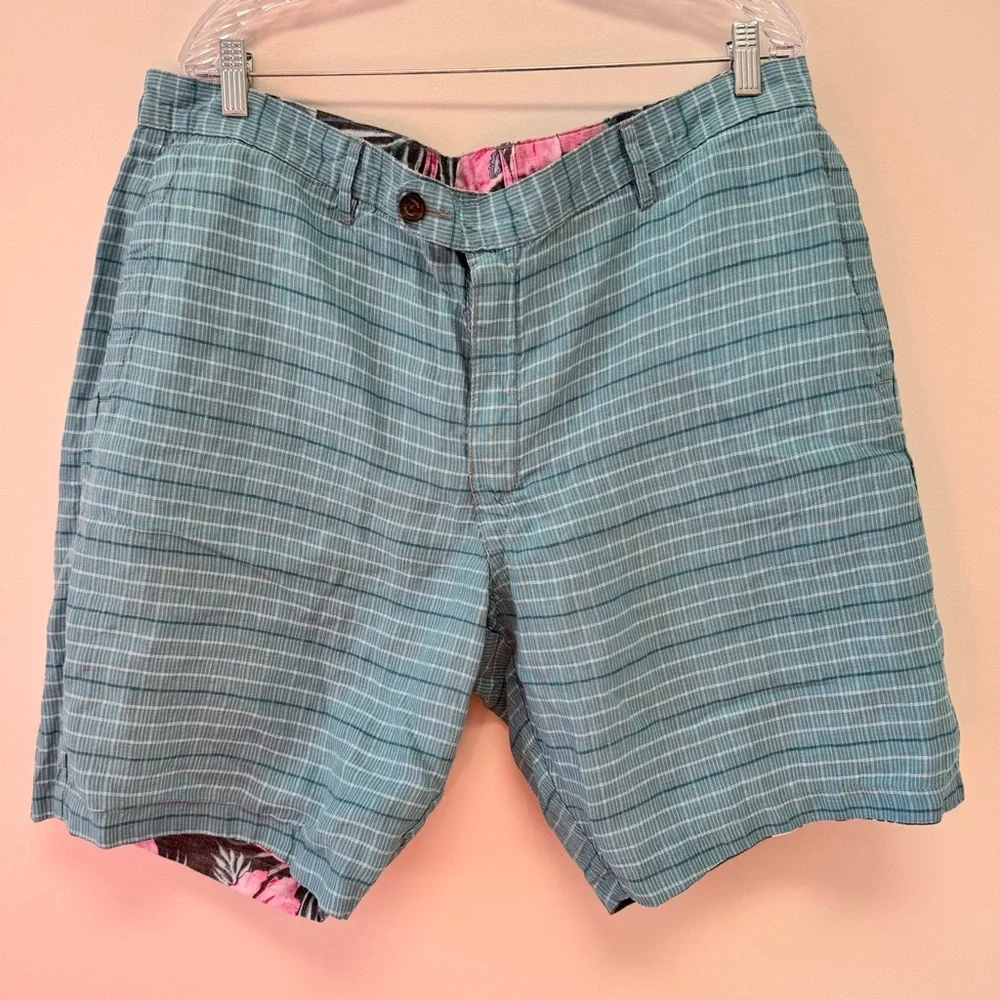 Tommy Bahama 100% Linen‎ Reversible Shorts Blue Stipe, Pink & Green Tropical 40